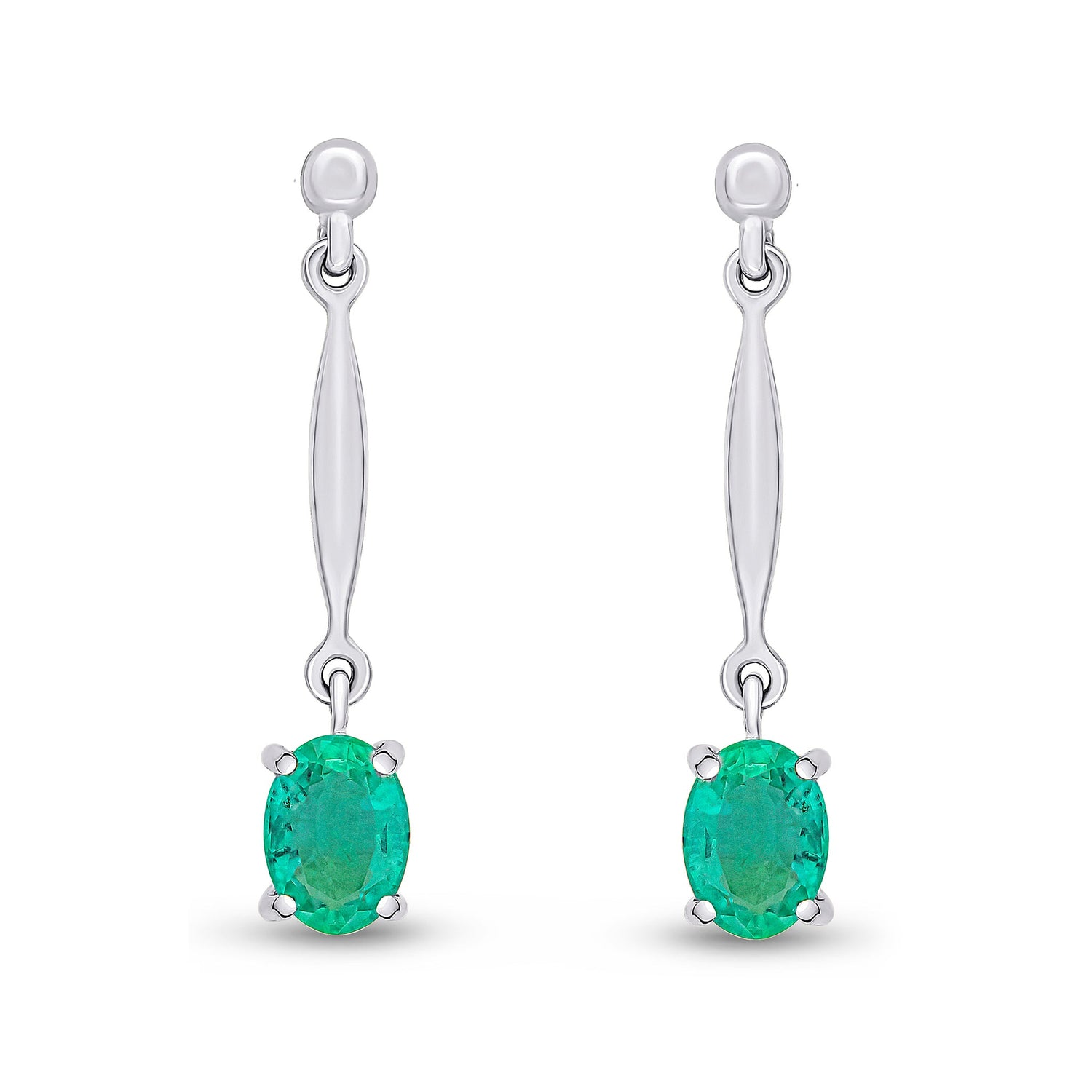 9ct White Gold Oval Natural Emerald Claw Bar Drop Earrings — 7x5mm