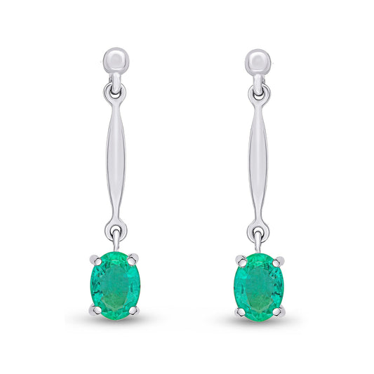 9ct White Gold Oval Natural Emerald Claw Bar Drop Earrings — 7x5mm