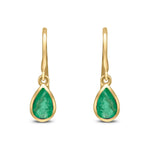 9ct Yellow Gold Pear Shaped Natural Emerald Rubover Wire Hook Drop Earrings — 6x4mm