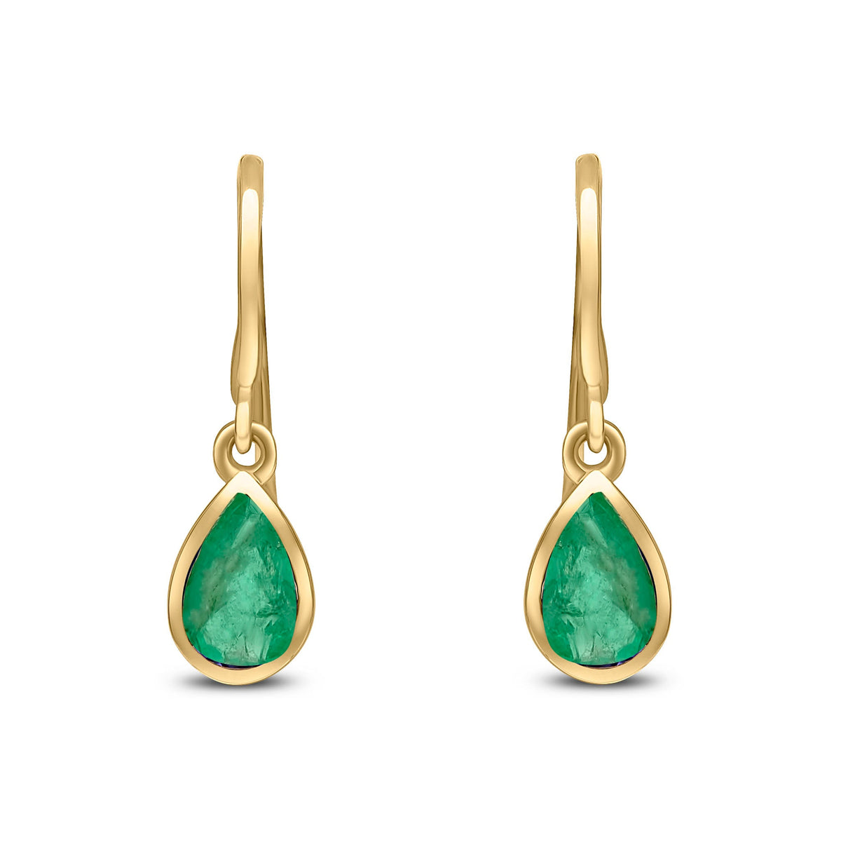 9ct Yellow Gold Pear Shaped Natural Emerald Rubover Wire Hook Drop Earrings — 6x4mm