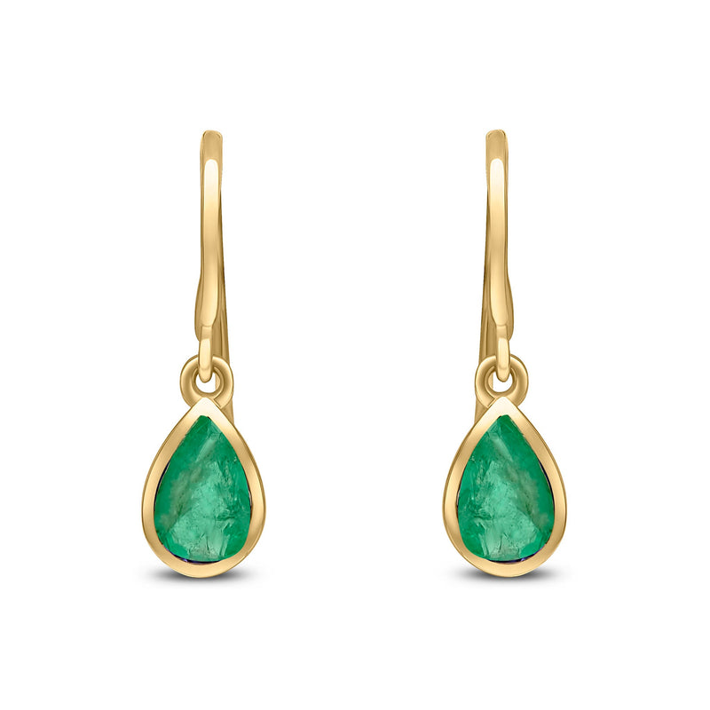 9ct Yellow Gold Pear Shaped Natural Emerald Rubover Wire Hook Drop Earrings — 6x4mm