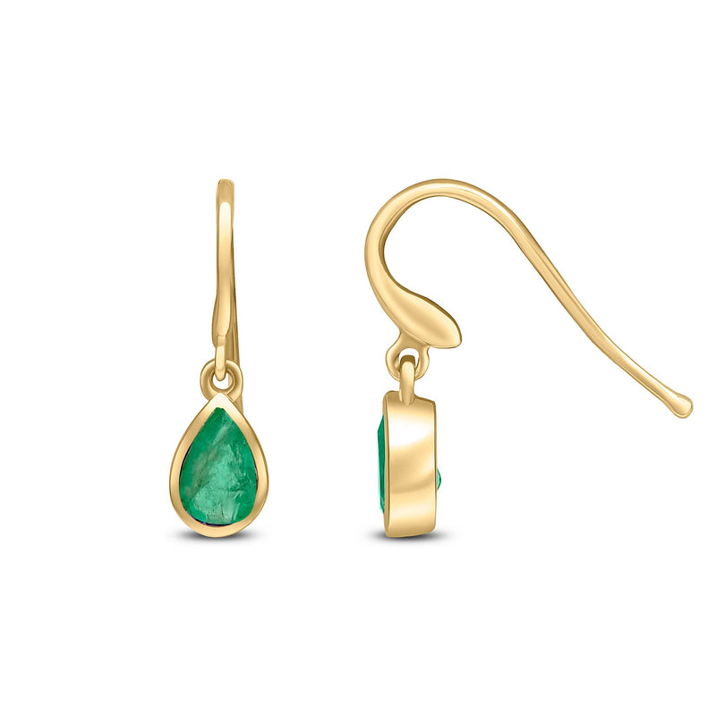 9ct Yellow Gold Pear Shaped Natural Emerald Rubover Wire Hook Drop Earrings — 6x4mm