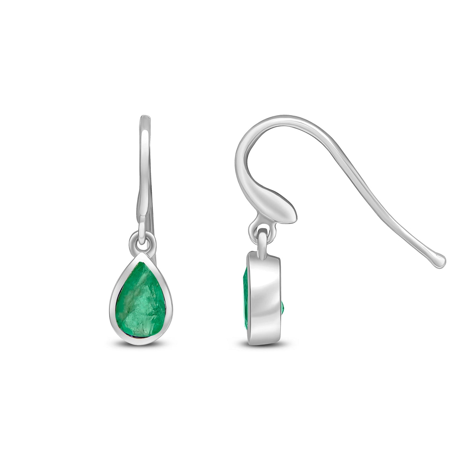 9ct White Gold Pear Shaped Natural Emerald Rubover Wire Hook Drop Earrings — 6x4mm
