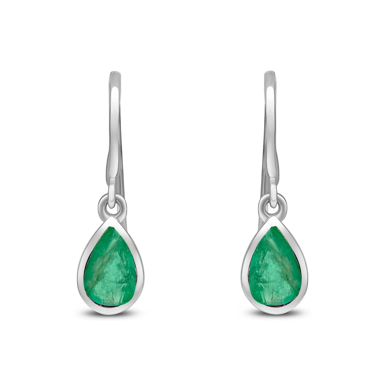 9ct White Gold Pear Shaped Natural Emerald Rubover Wire Hook Drop Earrings — 6x4mm