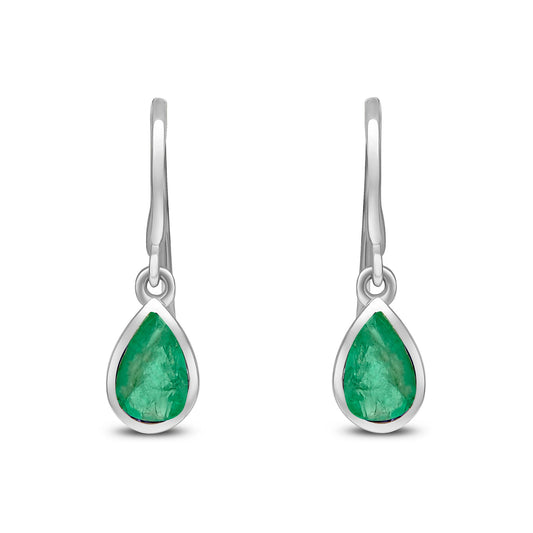 9ct White Gold Pear Shaped Natural Emerald Rubover Wire Hook Drop Earrings — 6x4mm