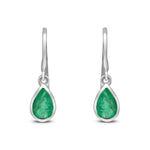 9ct White Gold Pear Shaped Natural Emerald Rubover Wire Hook Drop Earrings — 6x4mm