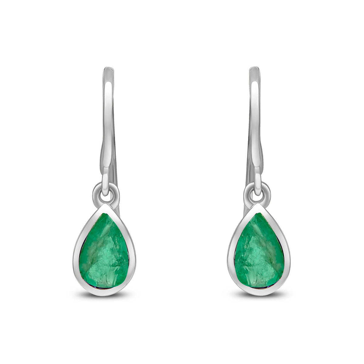 9ct White Gold Pear Shaped Natural Emerald Rubover Wire Hook Drop Earrings — 6x4mm
