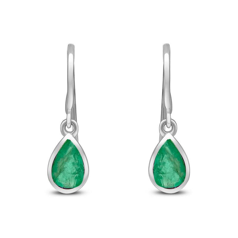 9ct White Gold Pear Shaped Natural Emerald Rubover Wire Hook Drop Earrings — 6x4mm