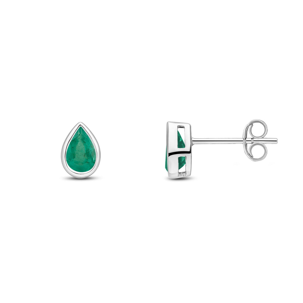9ct White Gold Pear Shaped Natural Emerald Rubover Stud Earrings — 6x4mm