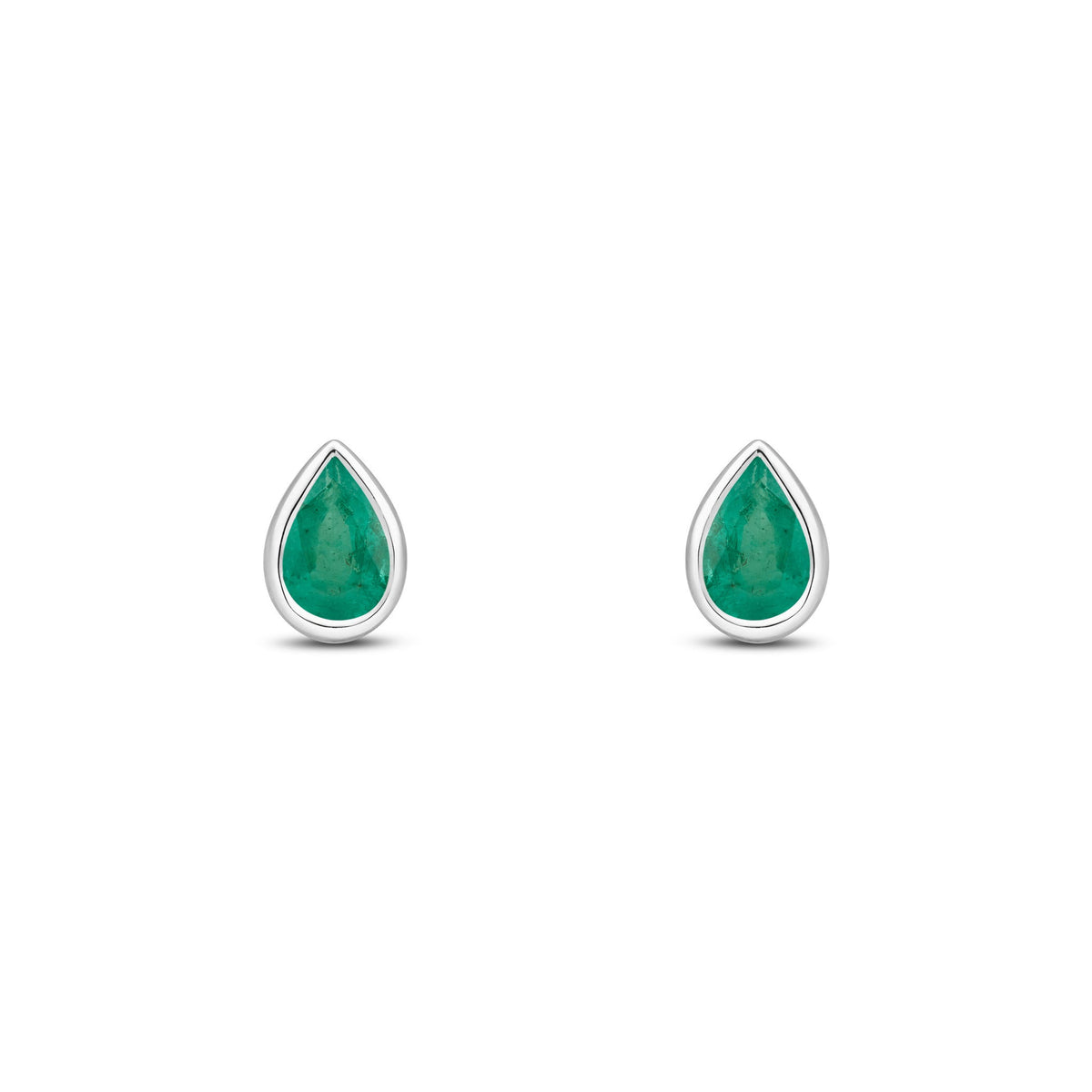 9ct White Gold Pear Shaped Natural Emerald Rubover Stud Earrings — 6x4mm