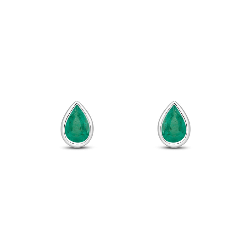 9ct White Gold Pear Shaped Natural Emerald Rubover Stud Earrings — 6x4mm