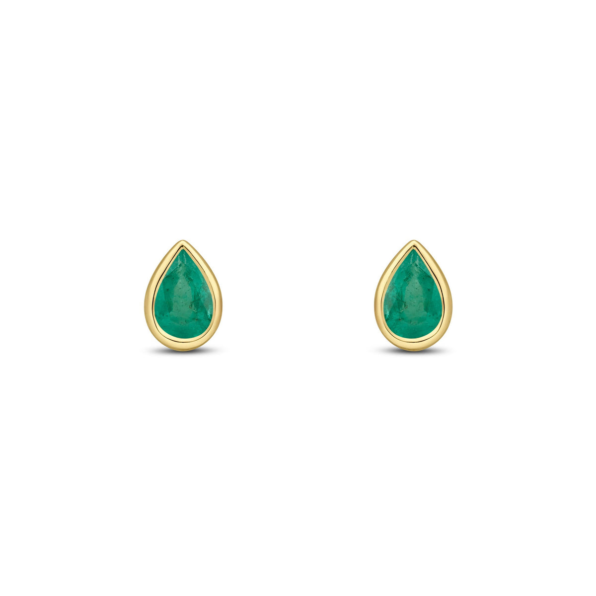 9ct Yellow Gold Pear Shaped Natural Emerald Rubover Stud Earrings — 6x4mm