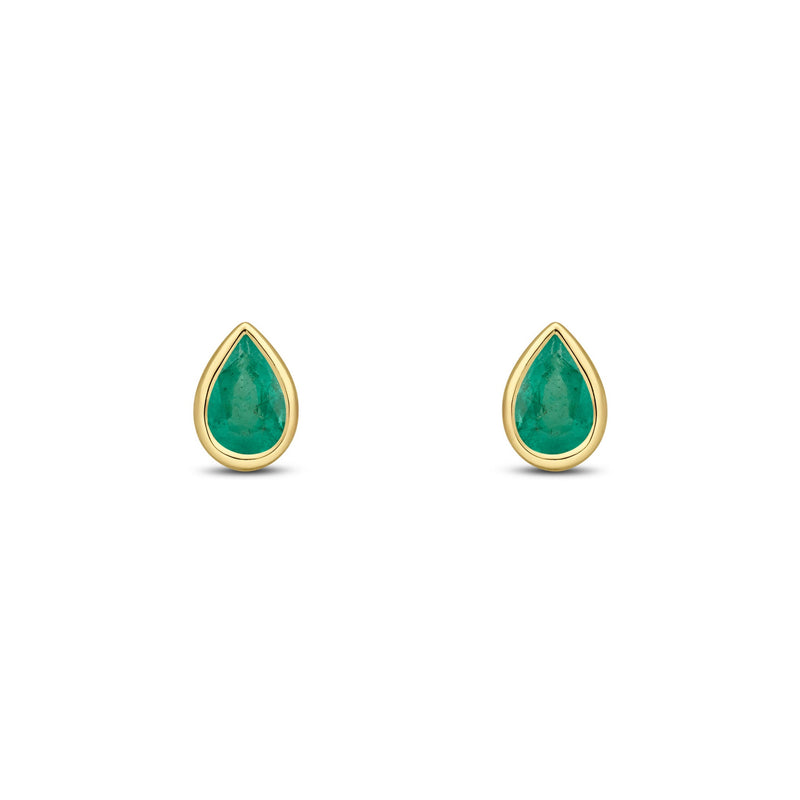9ct Yellow Gold Pear Shaped Natural Emerald Rubover Stud Earrings — 6x4mm