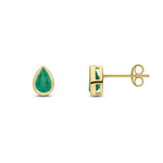 9ct Yellow Gold Pear Shaped Natural Emerald Rubover Stud Earrings — 6x4mm