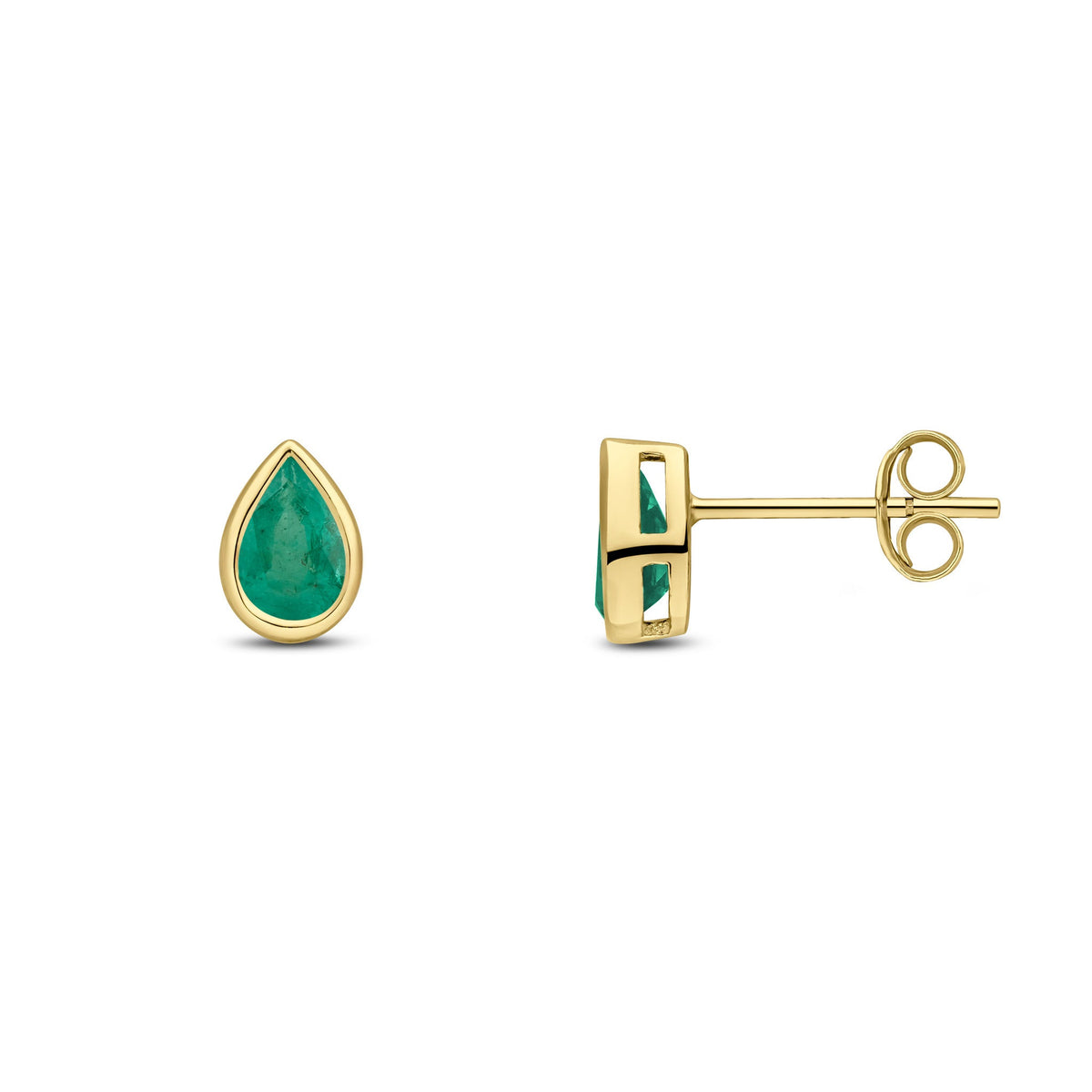 9ct Yellow Gold Pear Shaped Natural Emerald Rubover Stud Earrings — 6x4mm