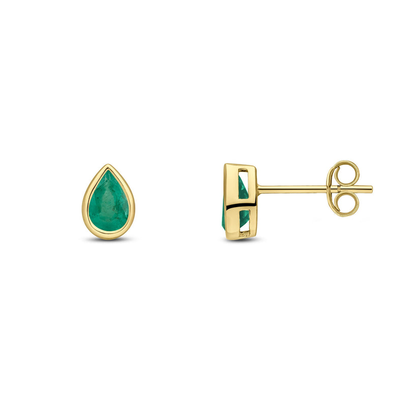 9ct Yellow Gold Pear Shaped Natural Emerald Rubover Stud Earrings — 6x4mm