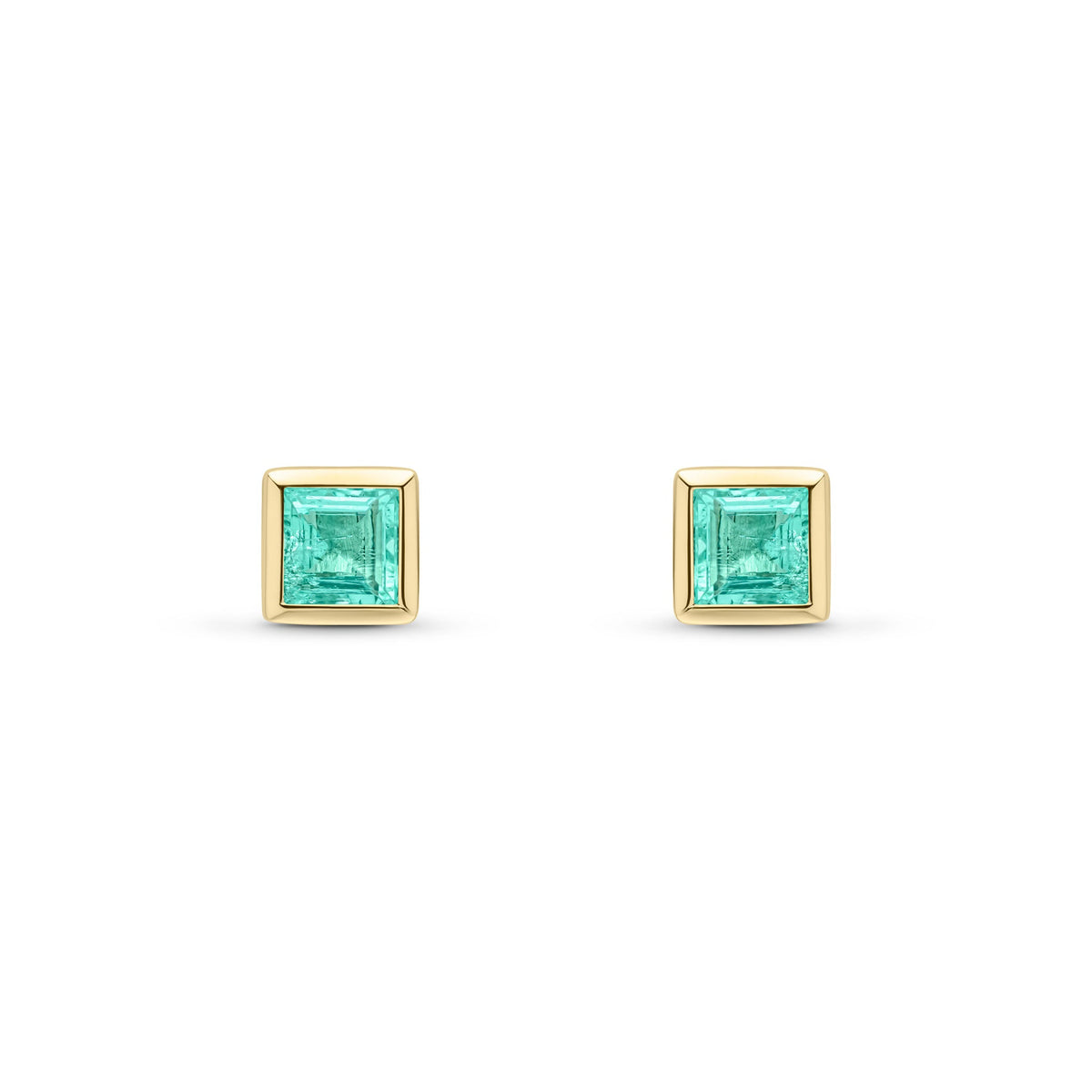 9ct Yellow Gold Square Natural Emerald Rubover Stud Earrings — 4mm