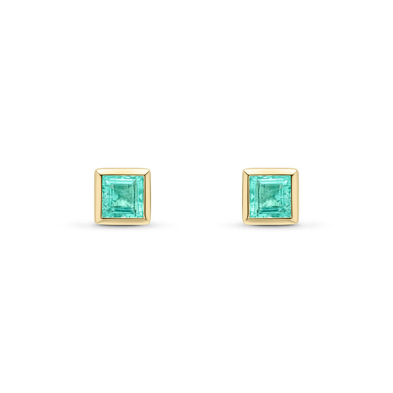 9ct Yellow Gold Square Natural Emerald Rubover Stud Earrings — 4mm