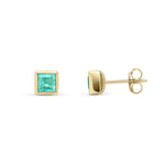 9ct Yellow Gold Square Natural Emerald Rubover Stud Earrings — 4mm