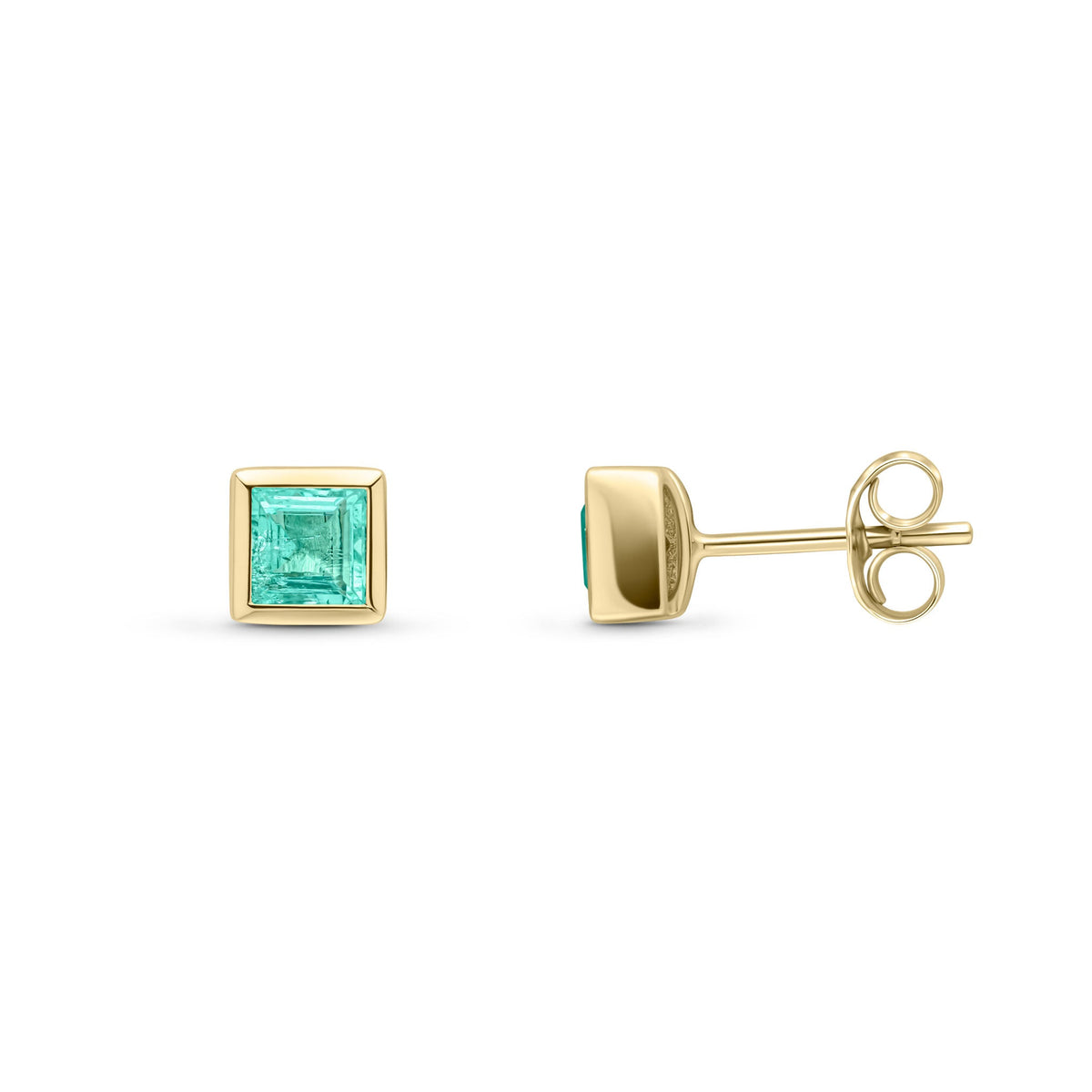 9ct Yellow Gold Square Natural Emerald Rubover Stud Earrings — 4mm