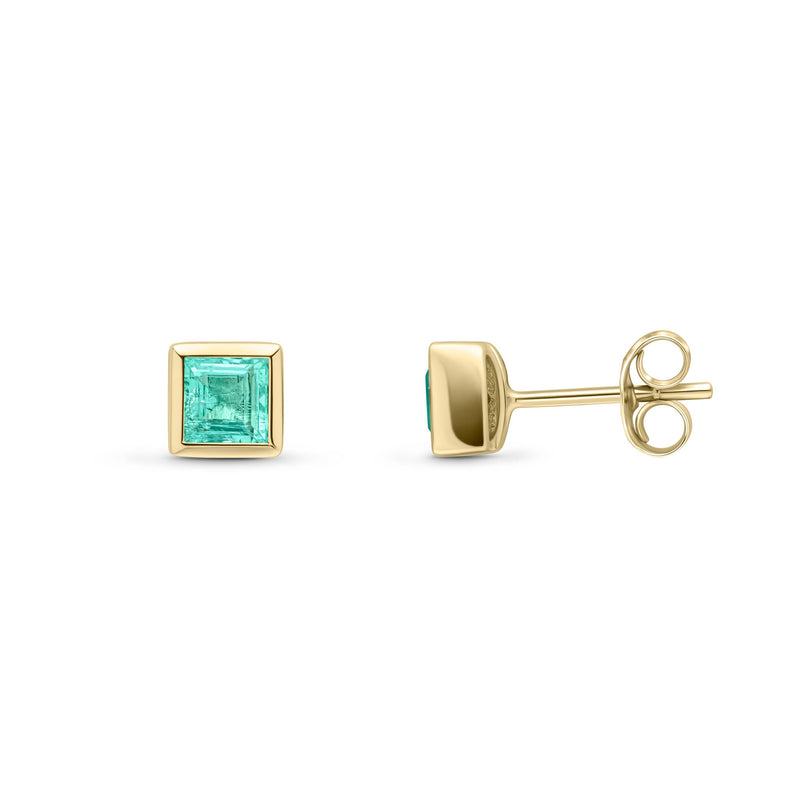 9ct Yellow Gold Square Natural Emerald Rubover Stud Earrings — 4mm