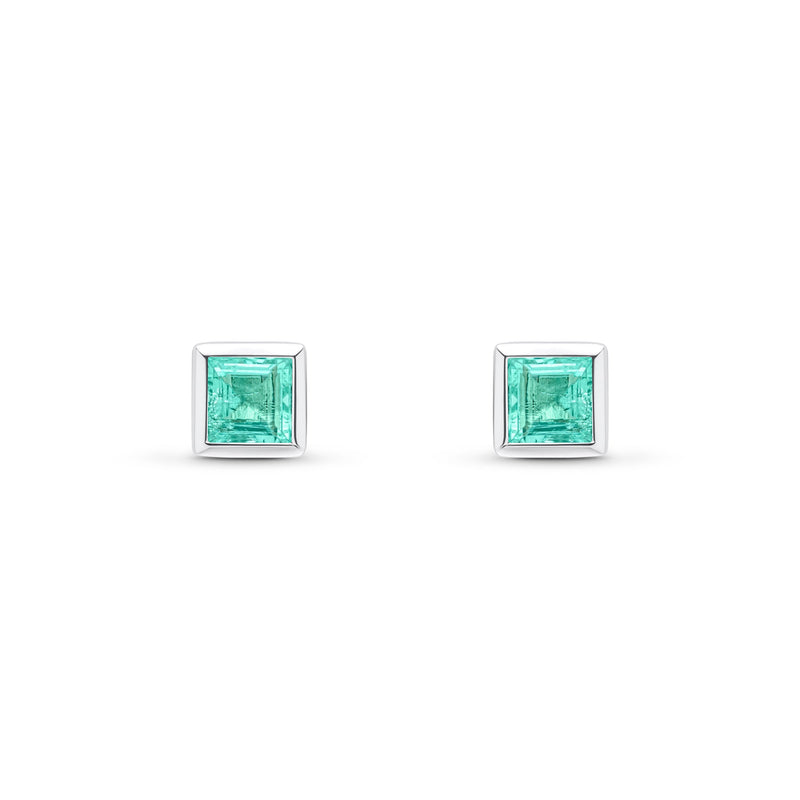 9ct White Gold Square Natural Emerald Rubover Stud Earrings — 4mm