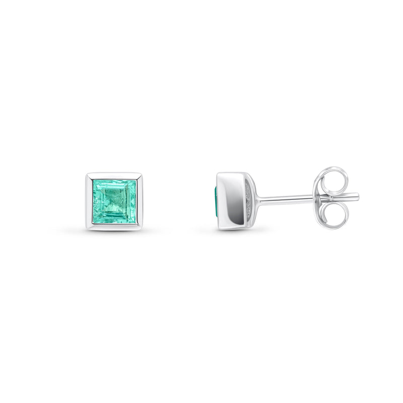 9ct White Gold Square Natural Emerald Rubover Stud Earrings — 4mm