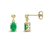 9ct Yellow Gold Oval Natural Emerald Claw Drop Earrings with Bead Top — 6x4mm