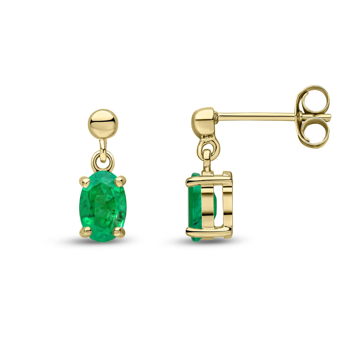 9ct Yellow Gold Oval Natural Emerald Claw Drop Earrings with Bead Top — 6x4mm