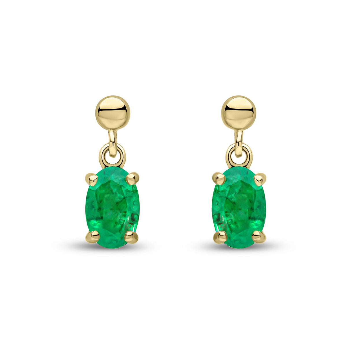 9ct Yellow Gold Oval Natural Emerald Claw Drop Earrings with Bead Top — 6x4mm