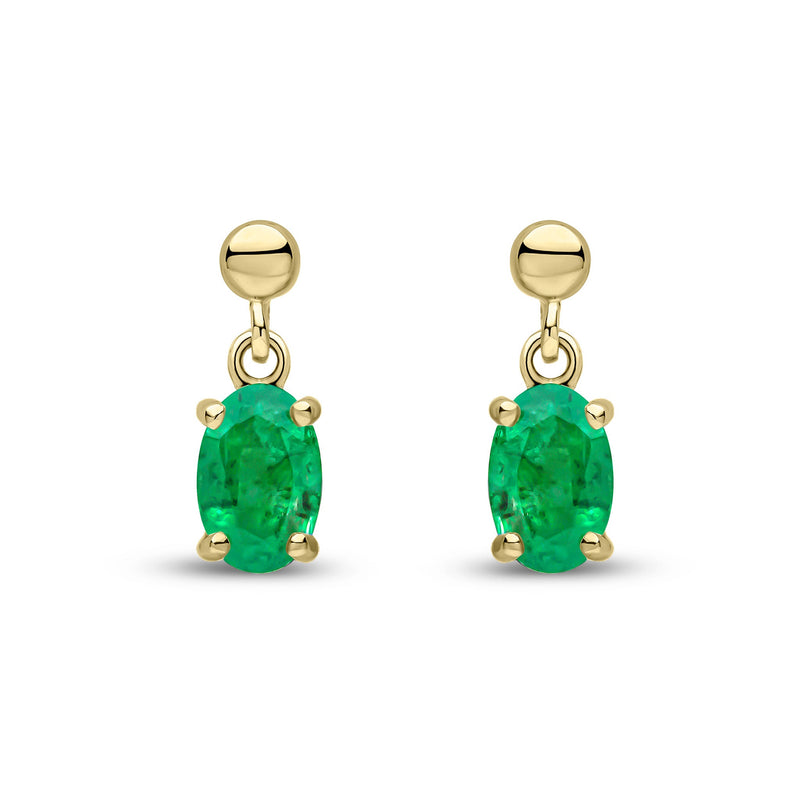 9ct Yellow Gold Oval Natural Emerald Claw Drop Earrings with Bead Top — 6x4mm