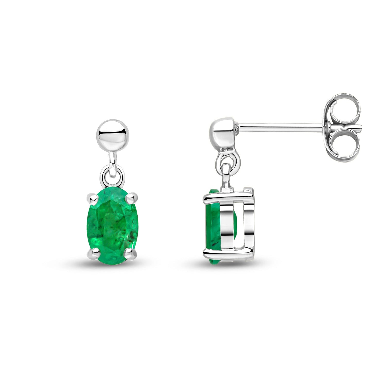 9ct White Gold Oval Natural Emerald Claw Drop Earrings With Bead Top — 6x4mm