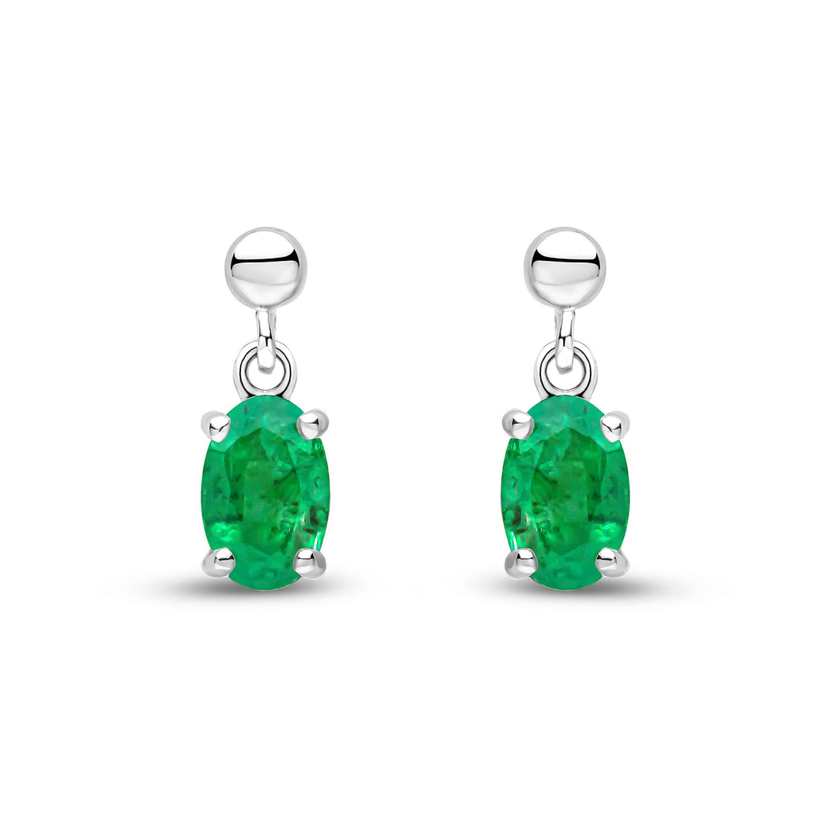 9ct White Gold Oval Natural Emerald Claw Drop Earrings with Bead Top — 6x4mm