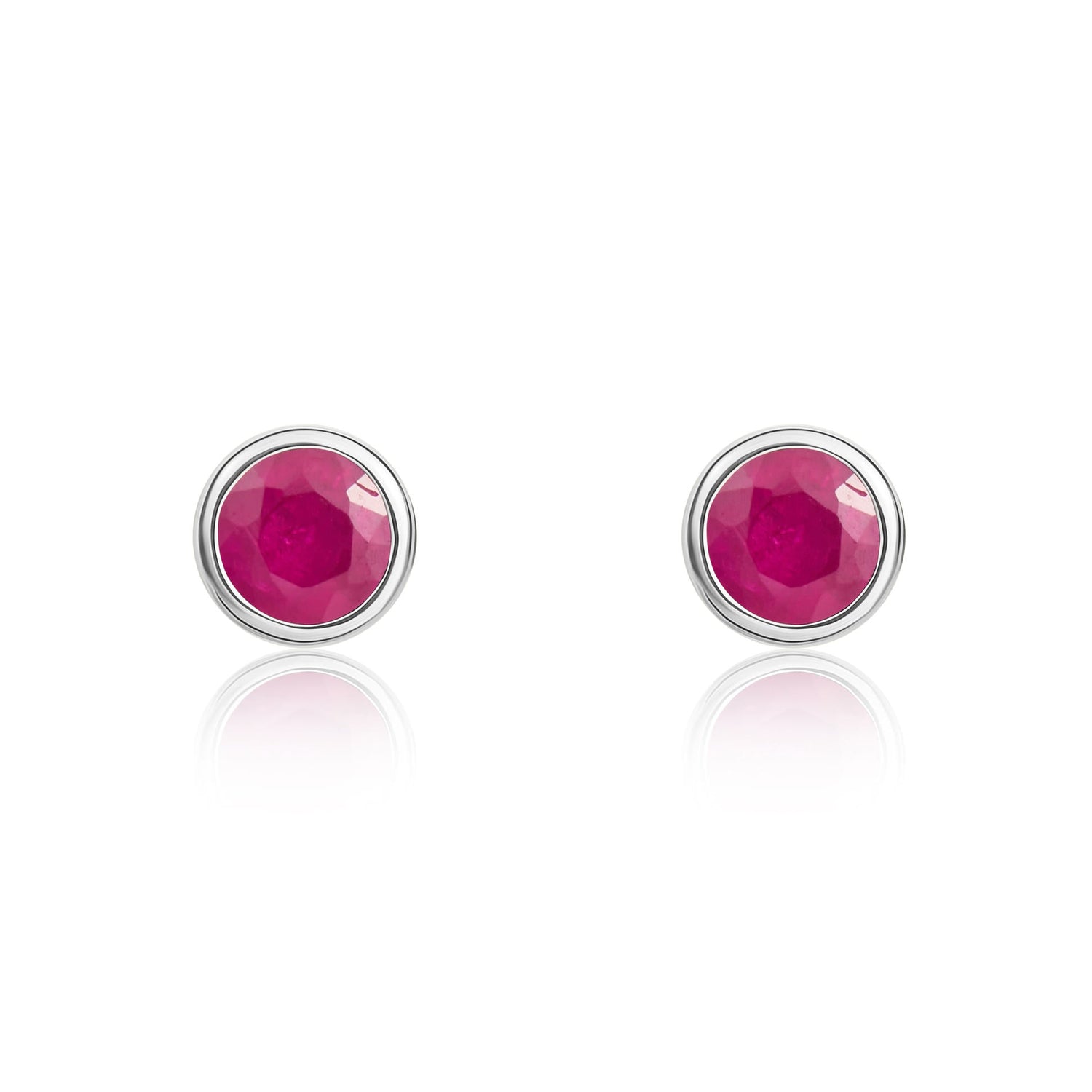 9ct White Gold Round Natural Ruby Rubover Stud Earrings — 3mm