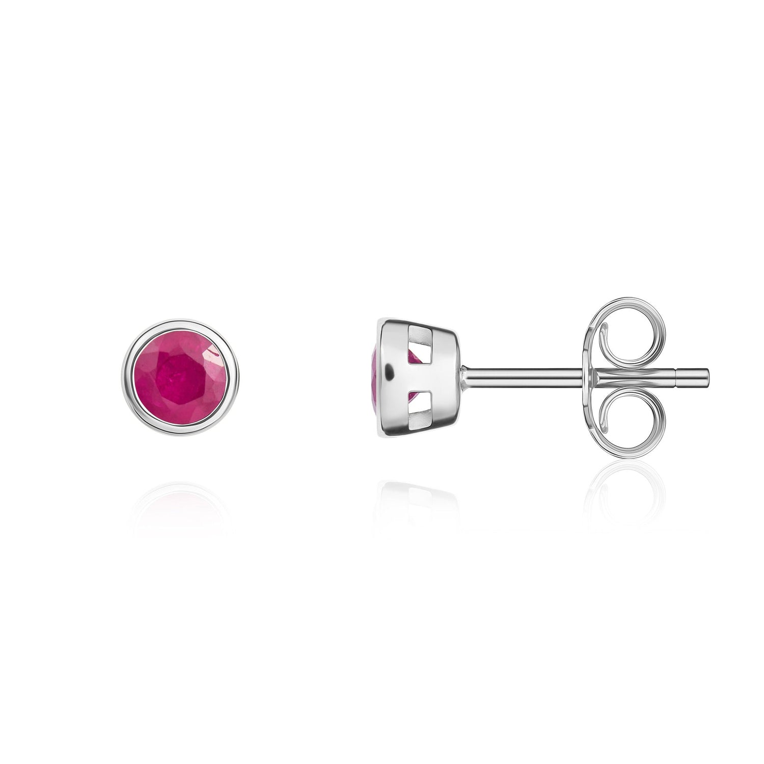 9ct White Gold Round Natural Ruby Rubover Stud Earrings — 3mm