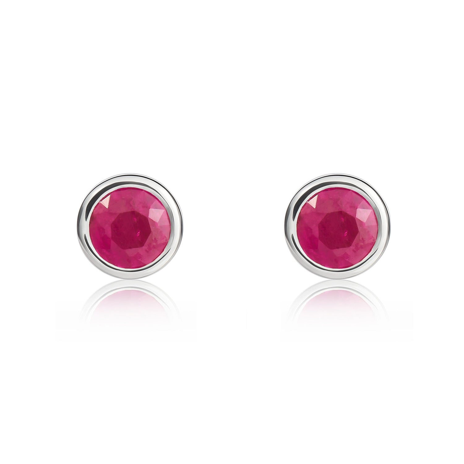 9ct White Gold Round Natural Ruby Rubover Stud Earrings — 4mm