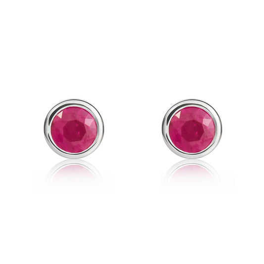 9ct White Gold Round Ruby Rubover Stud Earrings — 4mm