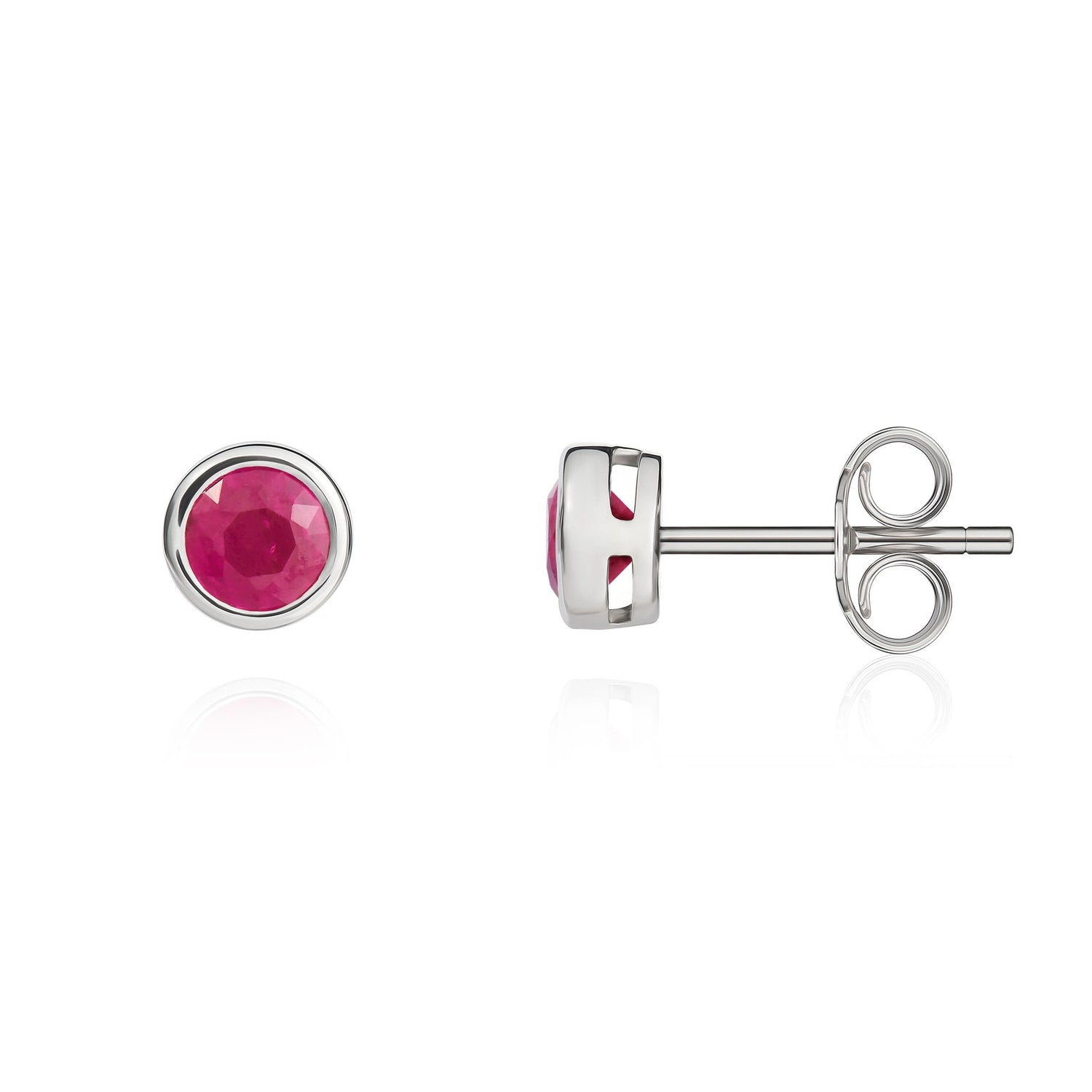 9ct White Gold Round Natural Ruby Rubover Stud Earrings — 4mm