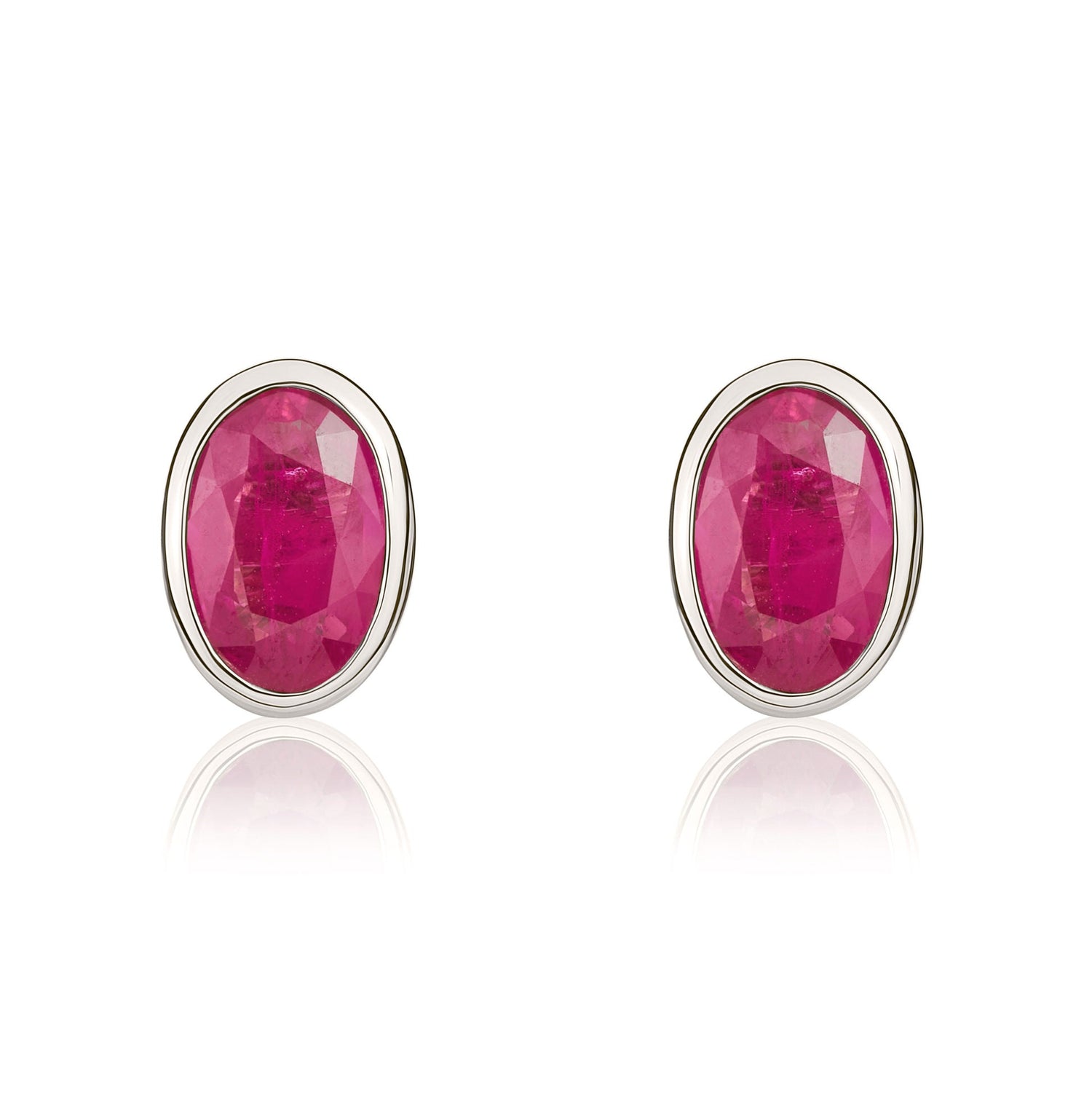 9ct White Gold Oval Natural Ruby Rubover Stud Earrings — 6x4mm