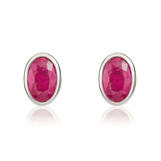 9ct White Gold Oval Ruby Rubover Stud Earrings — 6x4mm