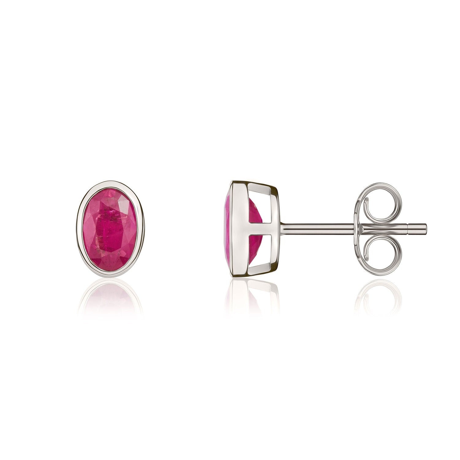 9ct White Gold Oval Natural Ruby Rubover Stud Earrings — 6x4mm
