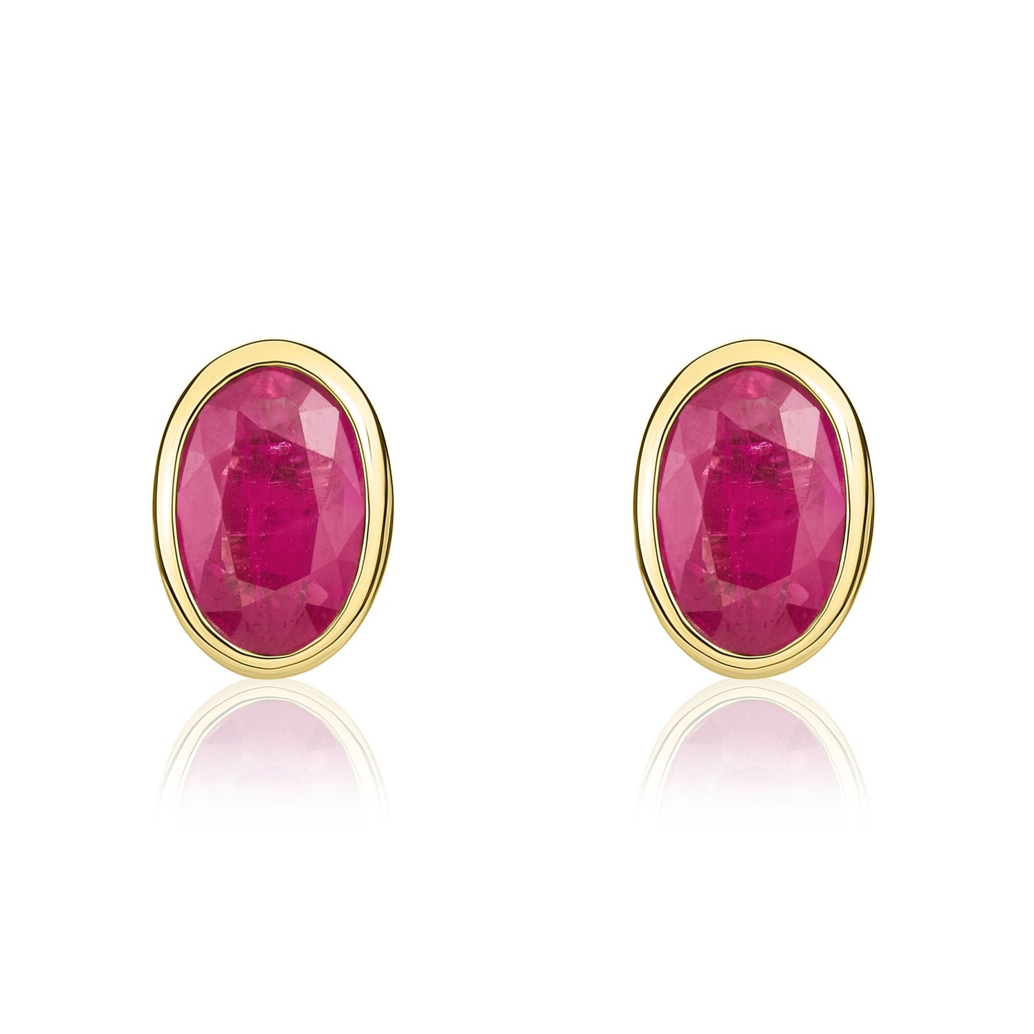 9ct Yellow Gold Oval Natural Ruby Rubover Stud Earrings — 6x4mm