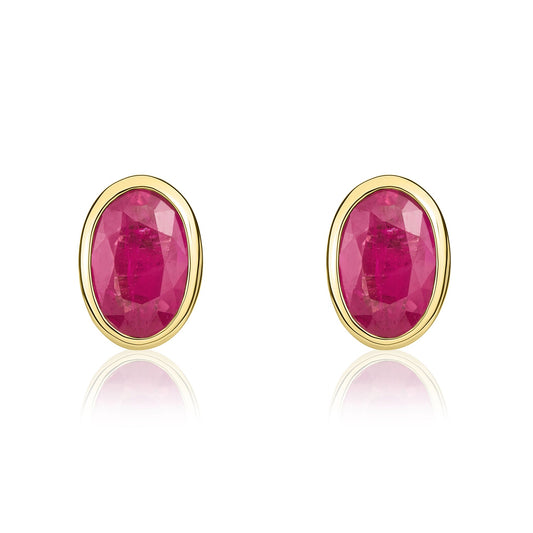 9ct Yellow Gold Oval Natural Ruby Rubover Stud Earrings — 6x4mm