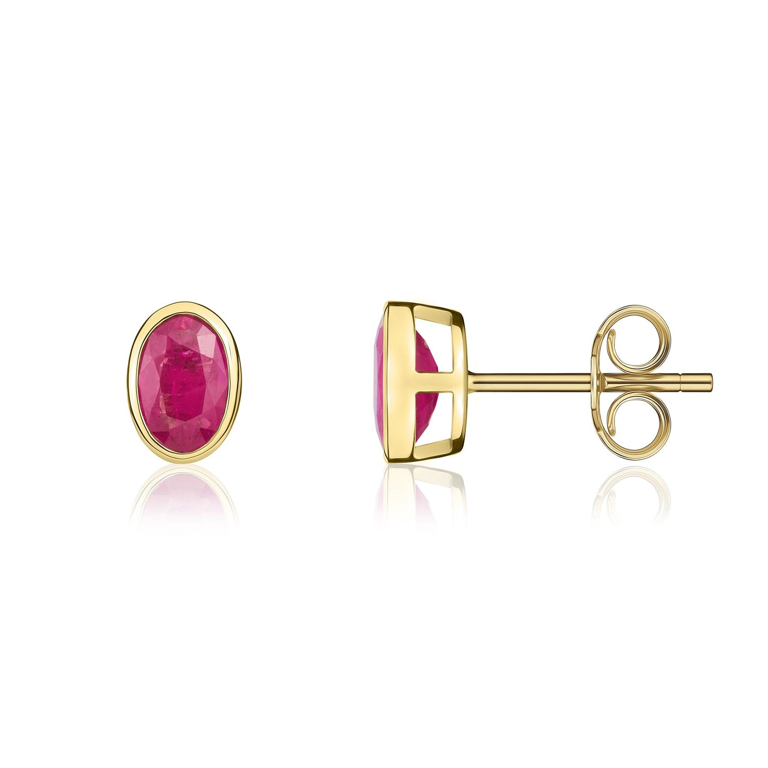 9ct Yellow Gold Oval Natural Ruby Rubover Stud Earrings — 6x4mm
