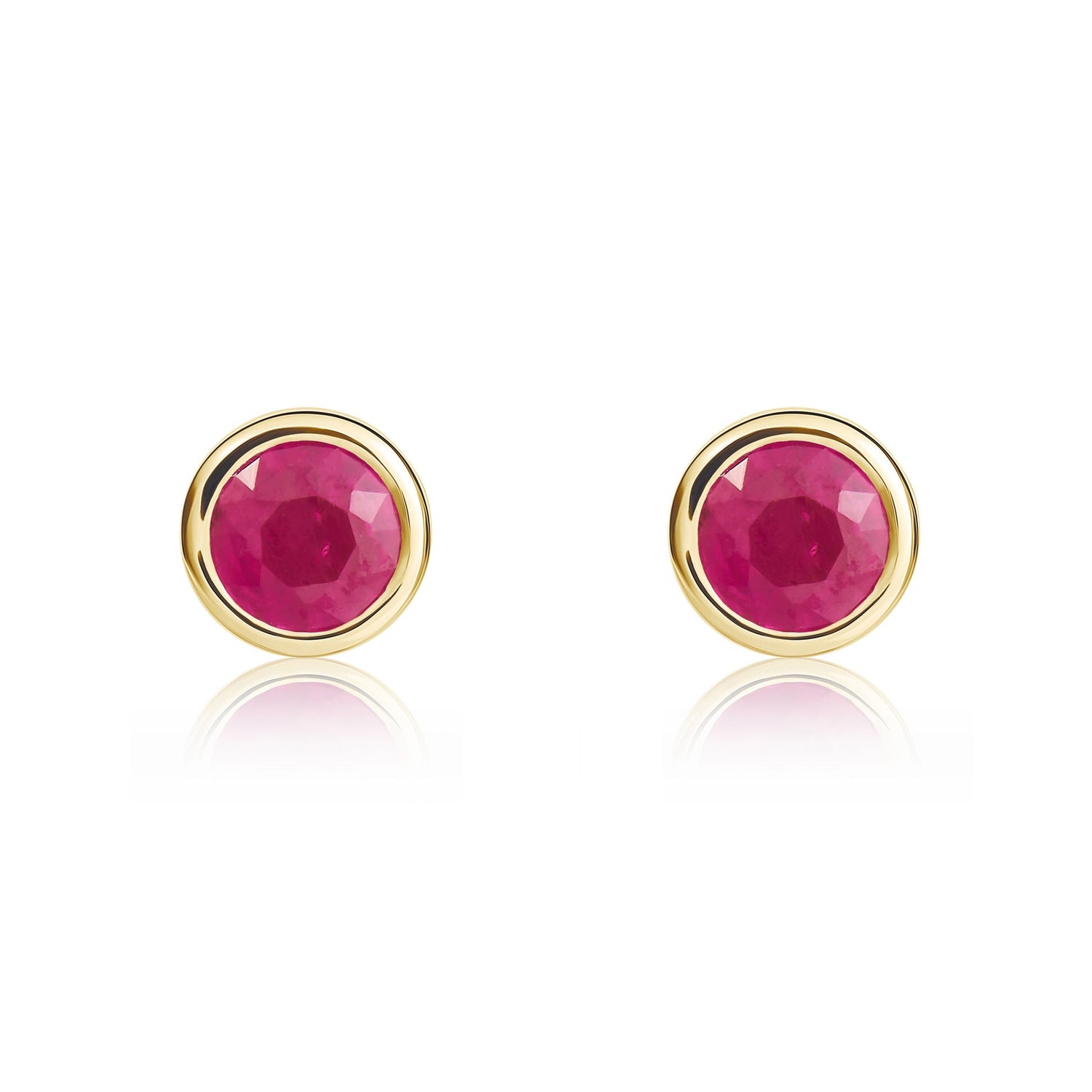 9ct Yellow Gold Round Natural Ruby Rubover Stud Earrings — 4mm