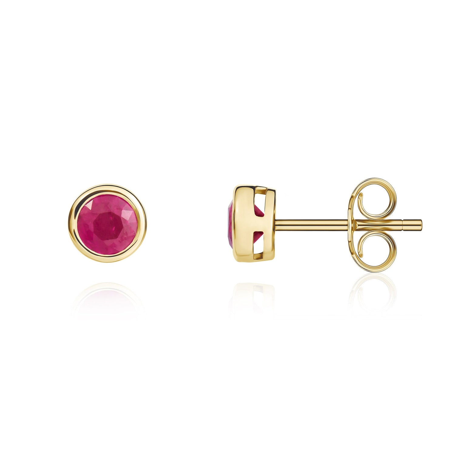 9ct Yellow Gold Round Natural Ruby Rubover Stud Earrings — 4mm