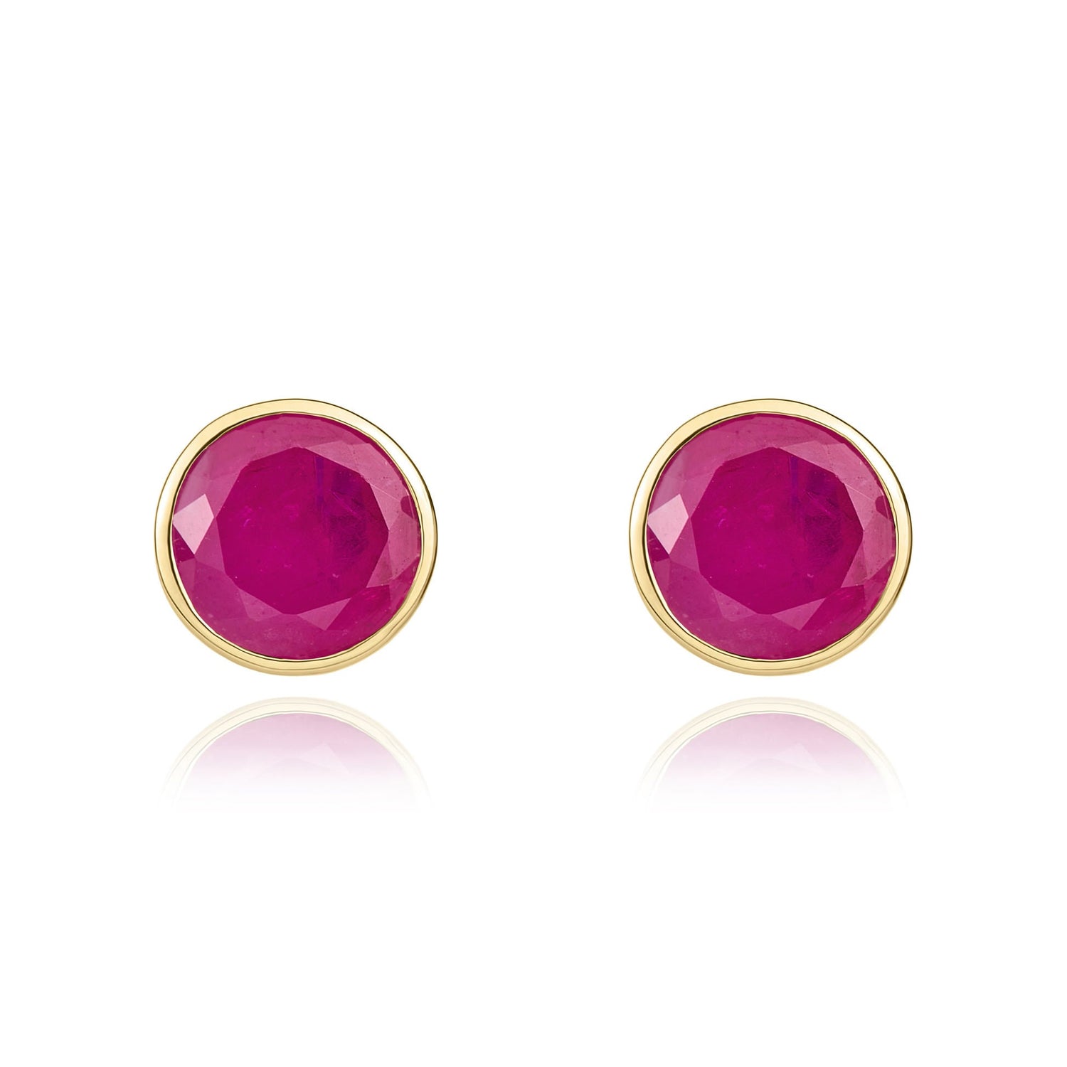 9ct Yellow Gold Round Natural Ruby Rubover Stud Earrings — 5mm