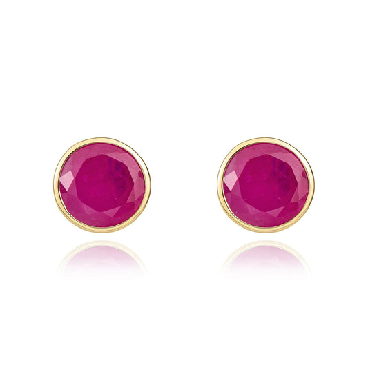 9ct Yellow Gold Round Natural Ruby Rubover Stud Earrings — 5mm