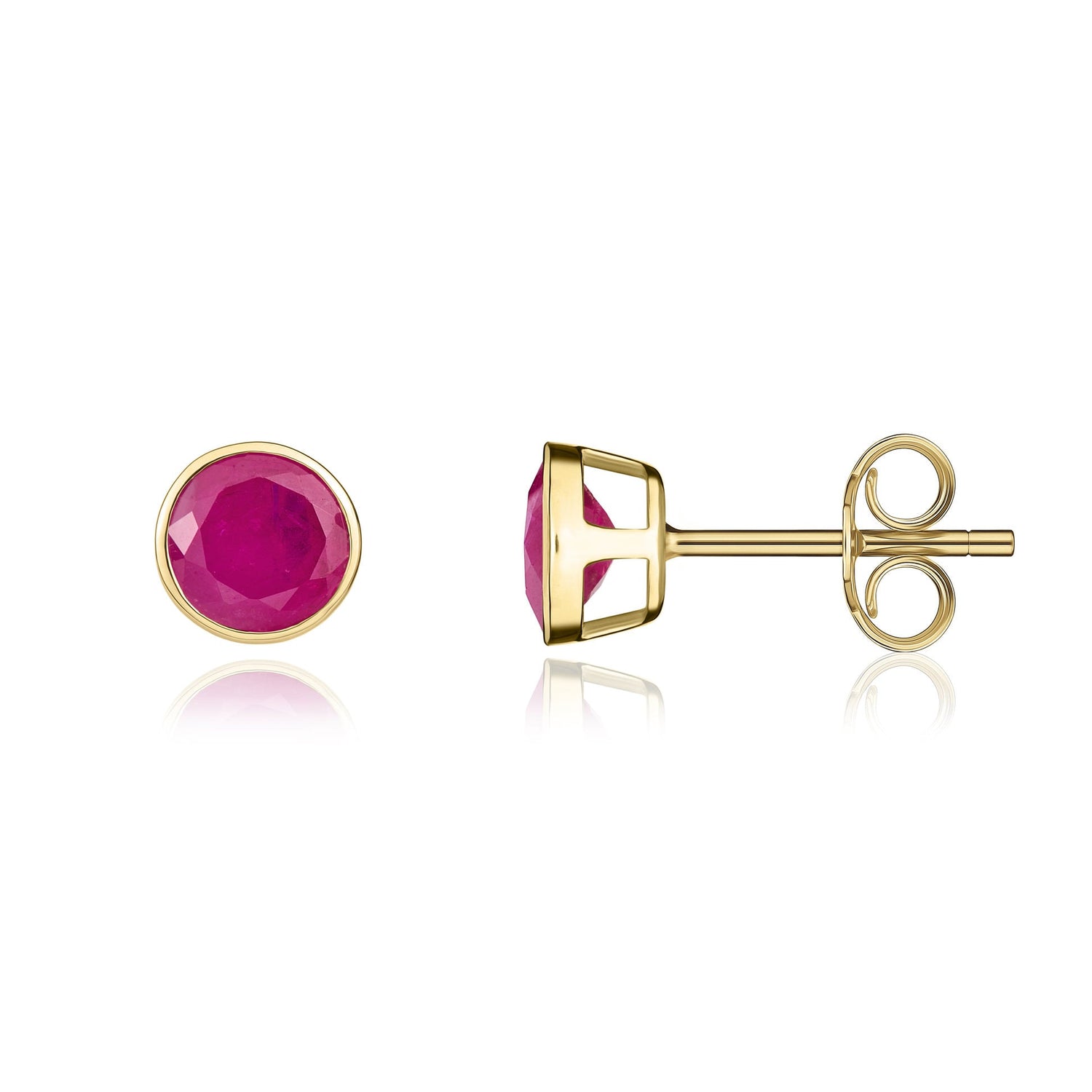 9ct Yellow Gold Round Natural Ruby Rubover Stud Earrings — 5mm