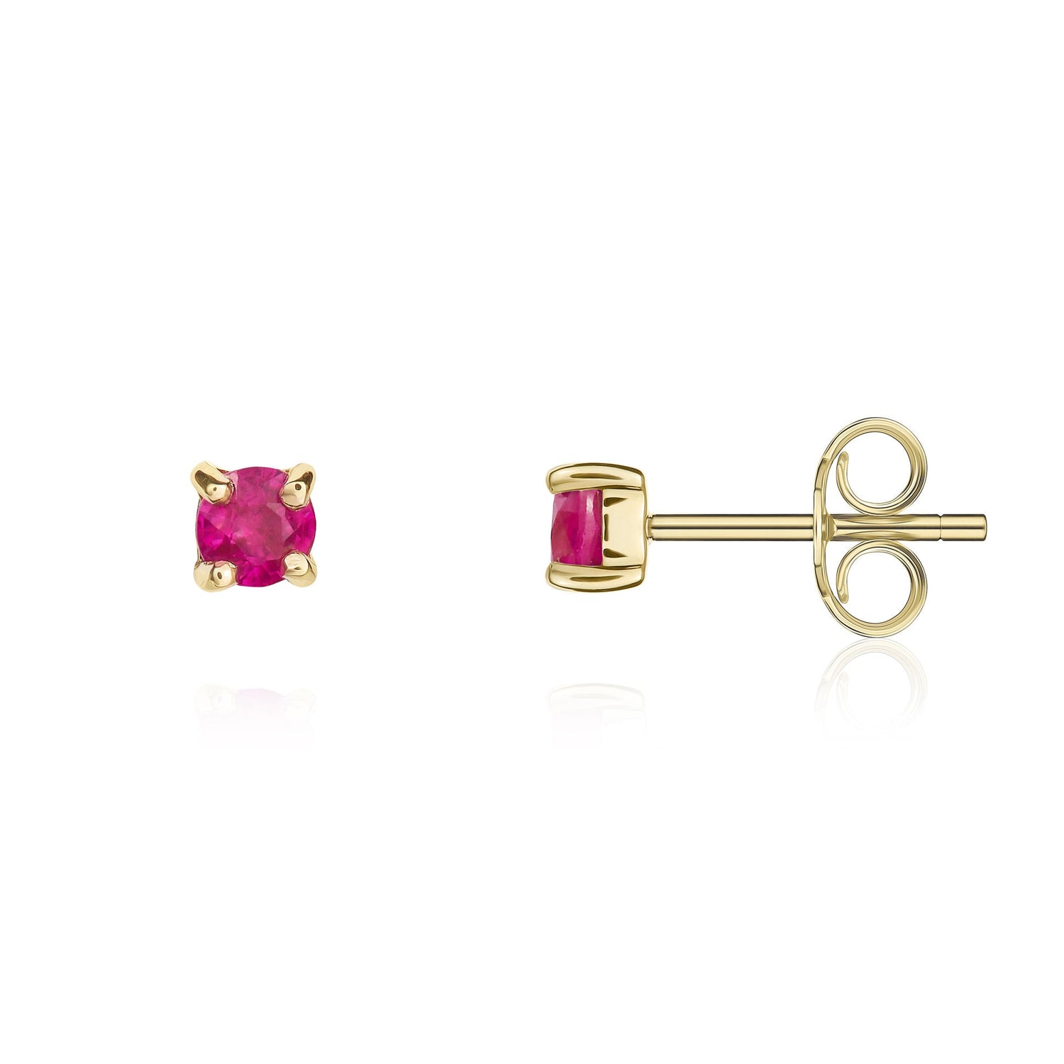 9ct Yellow Gold Round Natural Ruby Four Claw Stud Earrings — 3mm